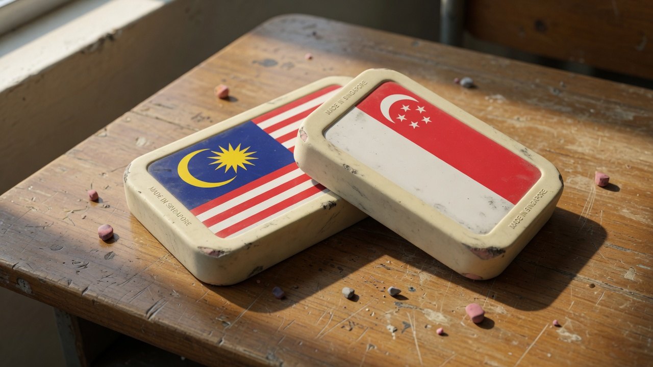 Singapore flag eraser pinning a Malaysia flag eraser on a school desk