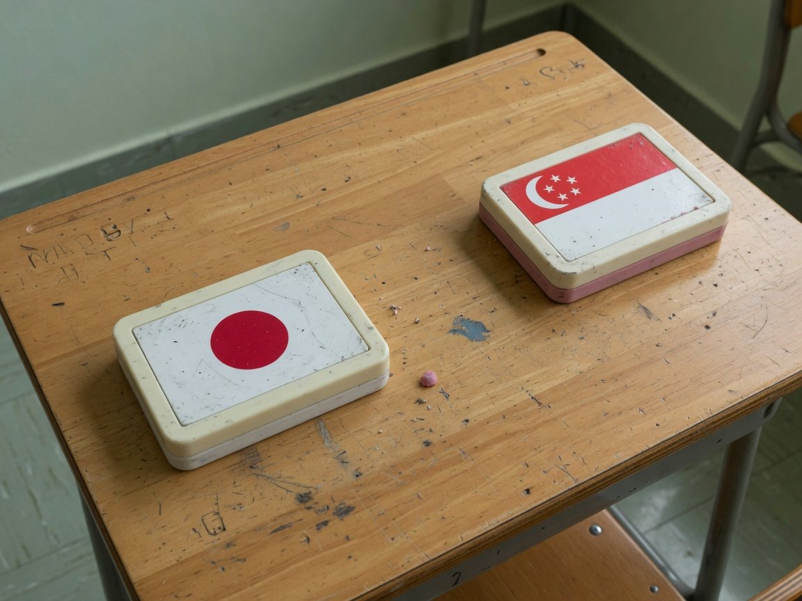 Two flag erasers at opposite ends of a school desk